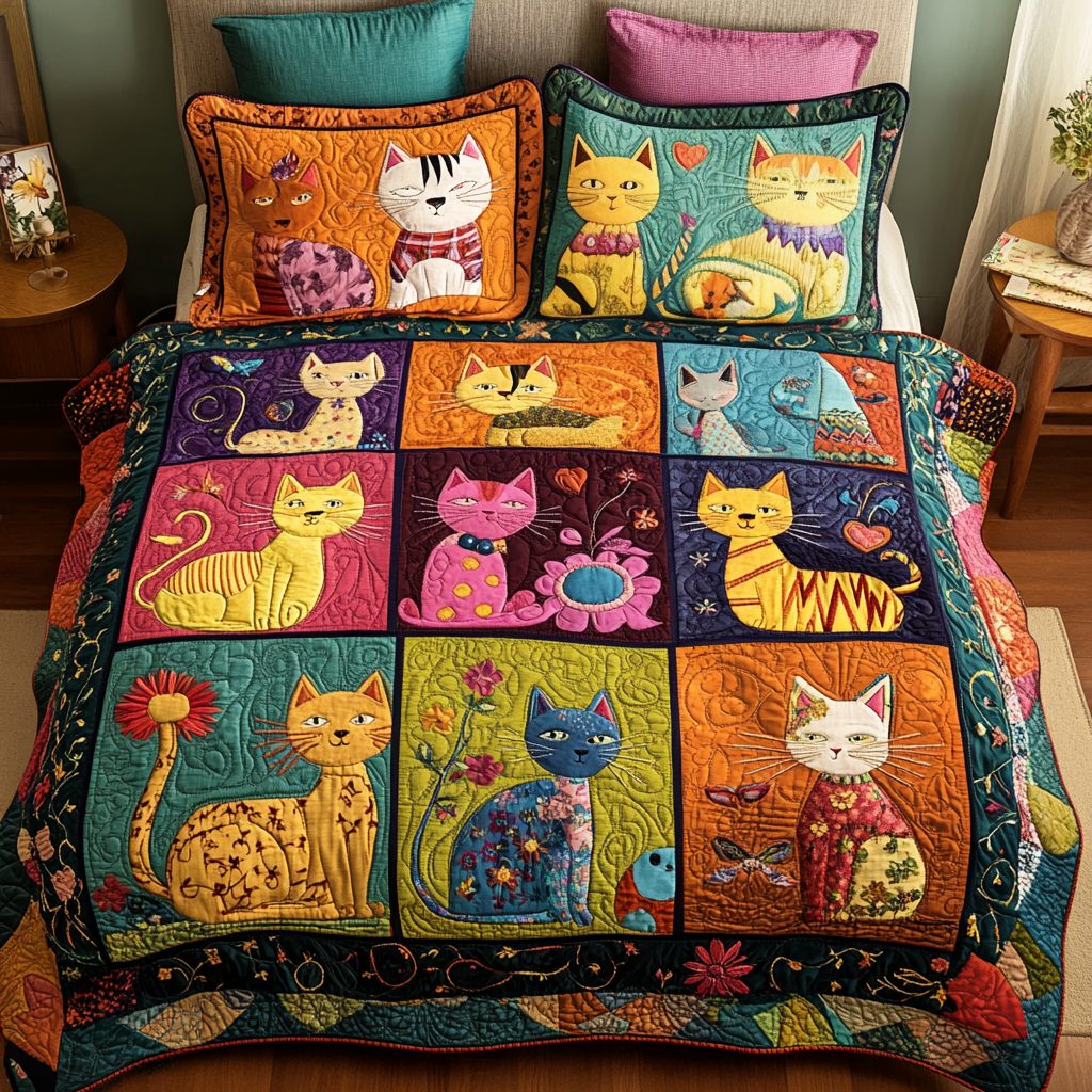 Furry Dreams quilted 3-piece bedding set on a made bed with two matching pillow shams