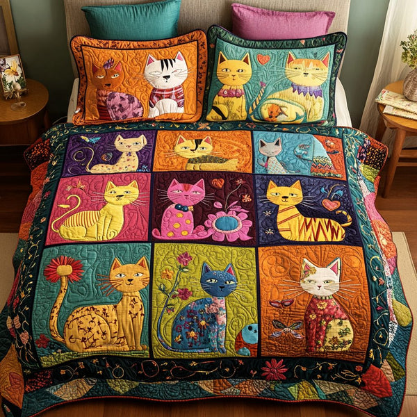 Furry Dreams quilted 3-piece bedding set on a made bed with two matching pillow shams