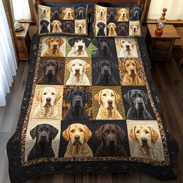 Furry Friend Labrador quilted 3-piece bedding set on a made bed with two matching pillow shams