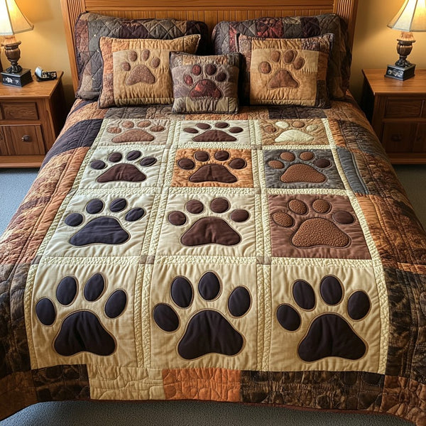 Furry Friend quilted 3-piece bedding set on a made bed with two matching pillow shams