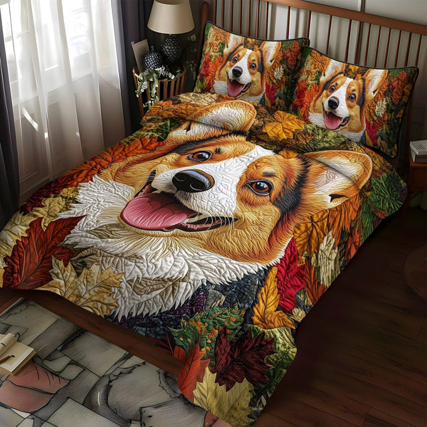 Furry Friends quilted 3-piece bedding set on a made bed with two matching pillow shams