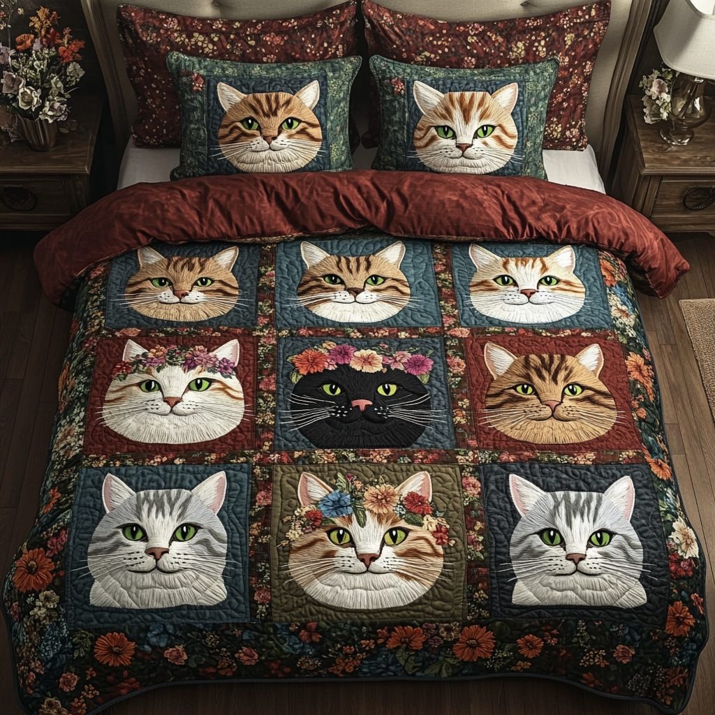 Furry Friends quilted 3-piece bedding set on a made bed with two matching pillow shams