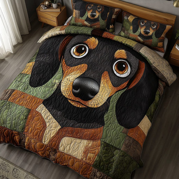 Furry Haven quilted 3-piece bedding set on a made bed with two matching pillow shams