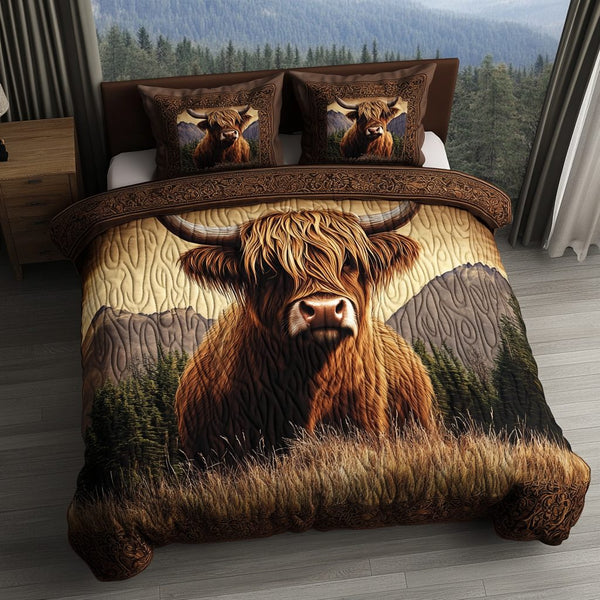 Furry Highlander quilted 3-piece bedding set on a made bed with two matching pillow shams