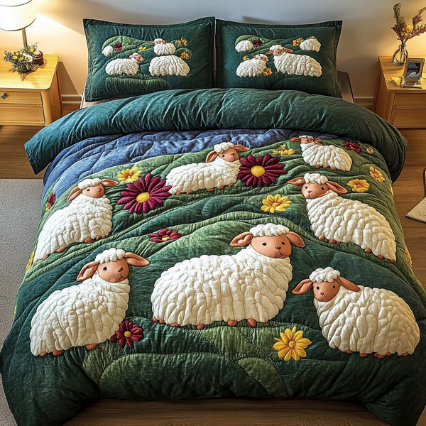 Fuzzy Comfort quilted 3-piece bedding set on a made bed with two matching pillow shams