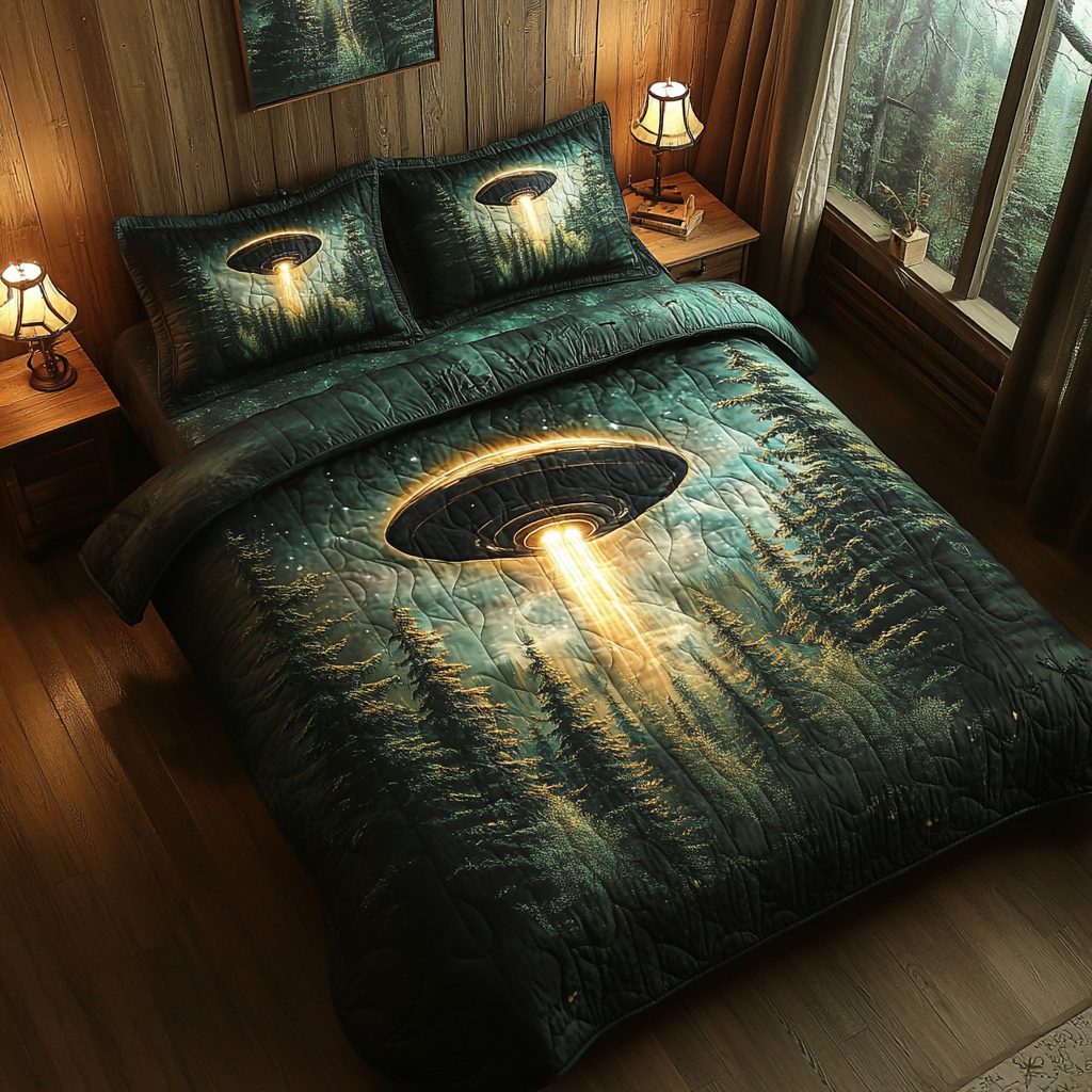 Galactic Beacon quilted 3-piece bedding set on a made bed with two matching pillow shams