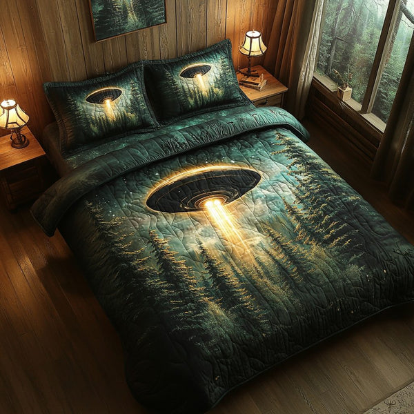 Galactic Beacon quilted 3-piece bedding set on a made bed with two matching pillow shams