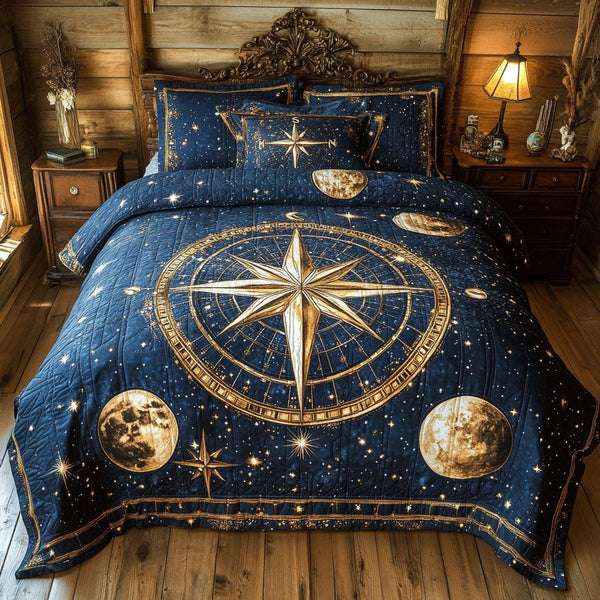 Galactic Direction quilted 3-piece bedding set on a made bed with two matching pillow shams