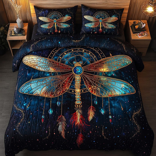 Galactic Dragonfly quilted 3-piece bedding set on a made bed with two matching pillow shams