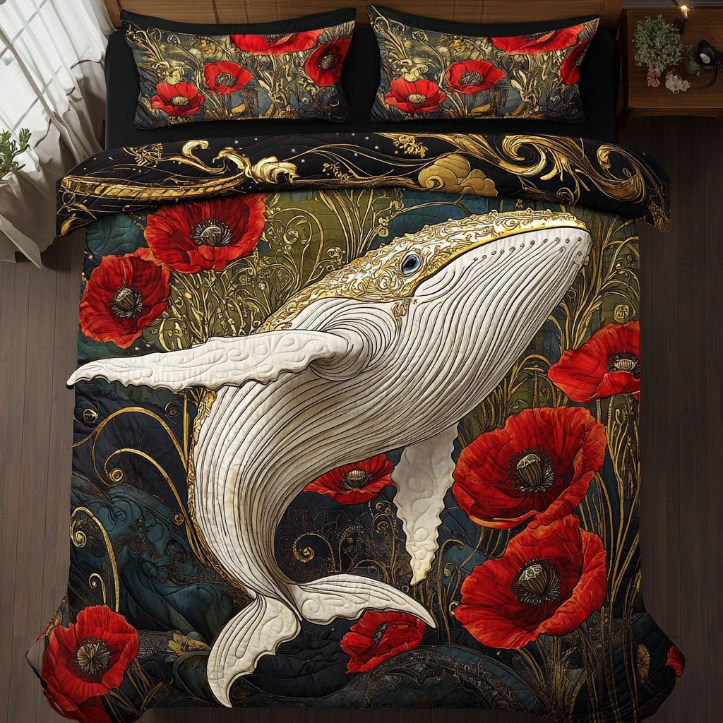 Galactic Ocean Bloom quilted 3-piece bedding set on a made bed in a light coastal bedroom