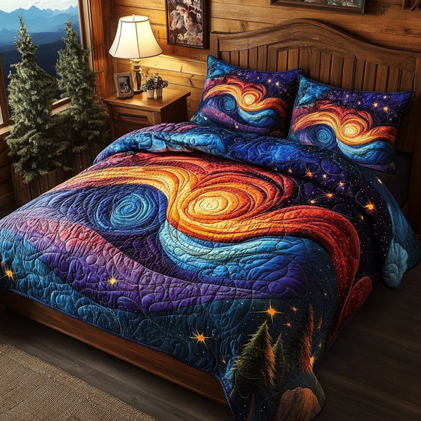 Galactic Swirl Dream quilted 3-piece bedding set on a made bed with two matching pillow shams