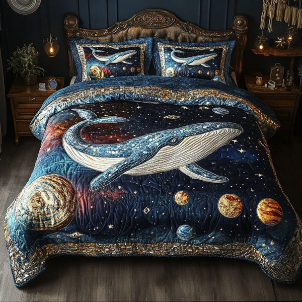 Galactic Tides quilted 3-piece bedding set on a made bed with two matching pillow shams