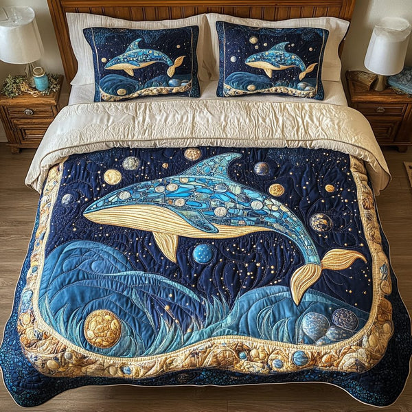 Galactic Whale Harmony quilted 3-piece bedding set on a made bed in a light coastal bedroom