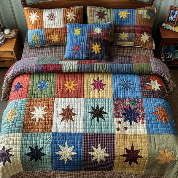 Galaxy Glow quilted 3-piece bedding set on a made bed with two matching pillow shams