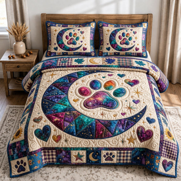 Galaxy Moon Paw quilted 3-piece bedding set on a made bed with two matching pillow shams