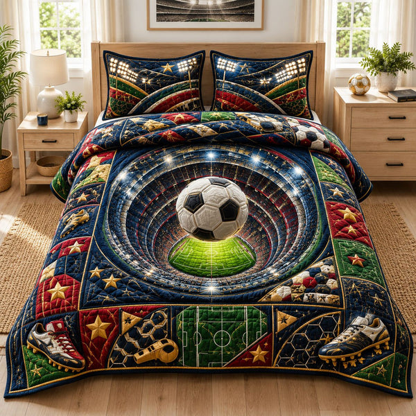 Galaxy Stadium Spin quilted 3-piece bedding set on a made bed with two matching pillow shams
