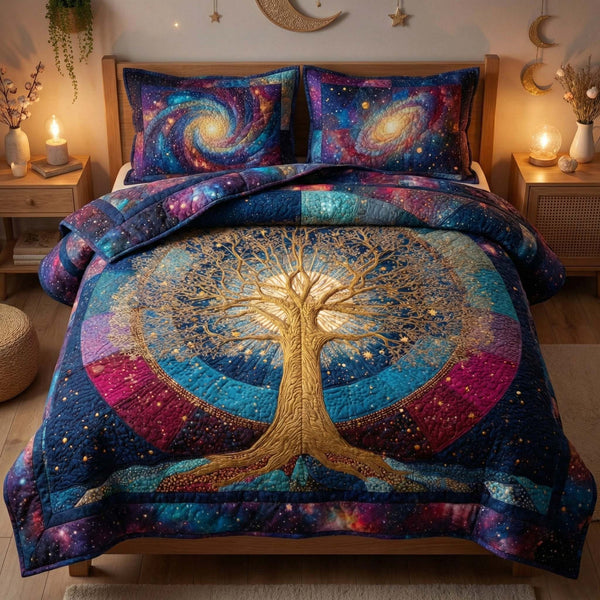 Galaxy Tree quilted 3-piece bedding set on a made bed with two matching pillow shams