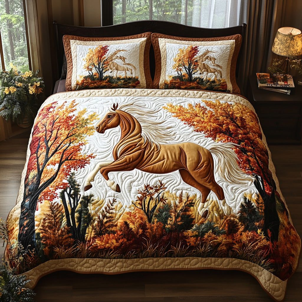 Gallop Dreams quilted 3-piece bedding set on a made bed with two matching pillow shams