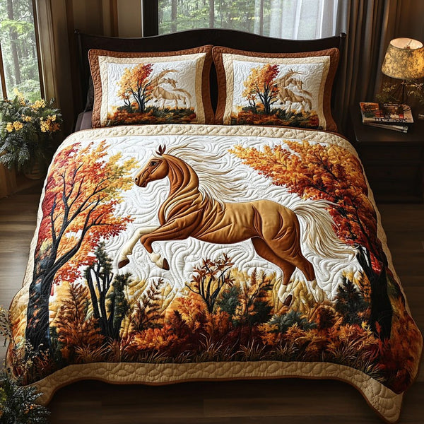 Gallop Dreams quilted 3-piece bedding set on a made bed with two matching pillow shams