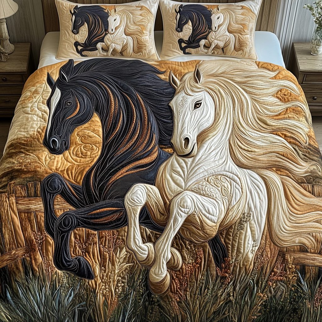 Gallop Glory quilted 3-piece bedding set on a made bed with two matching pillow shams