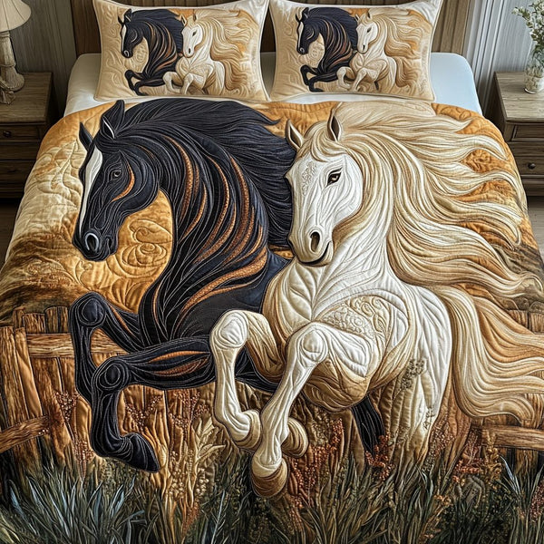 Gallop Glory quilted 3-piece bedding set on a made bed with two matching pillow shams