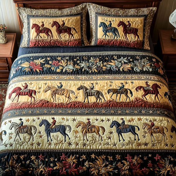Gallop Harmony quilted 3-piece bedding set on a made bed with two matching pillow shams