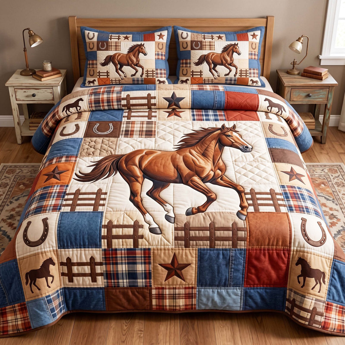 Gallop Patchwork quilted 3-piece bedding set on a made bed in a farmhouse bedroom