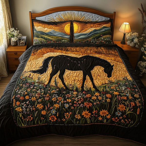 Gallop Through Nature quilted 3-piece bedding set on a made bed with two matching pillow shams