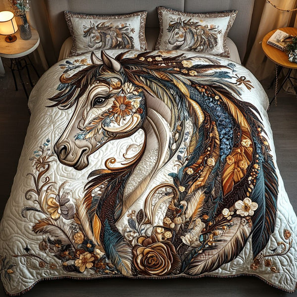 Galloping Beauty quilted 3-piece bedding set on a made bed with two matching pillow shams