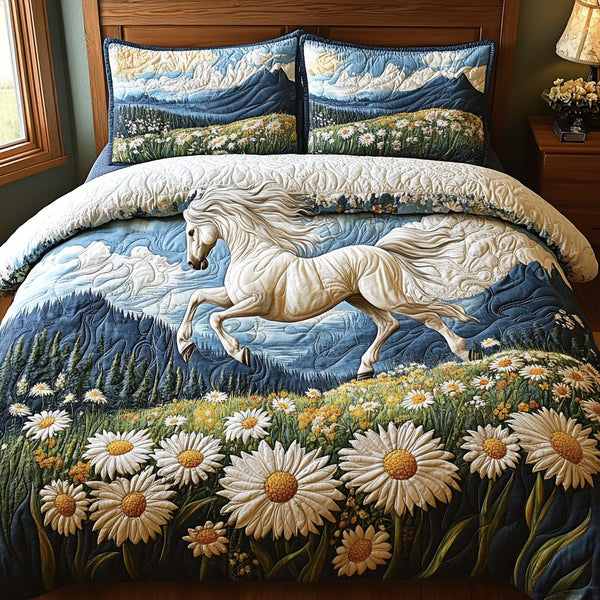 Galloping Daisies quilted 3-piece bedding set on a made bed with two matching pillow shams