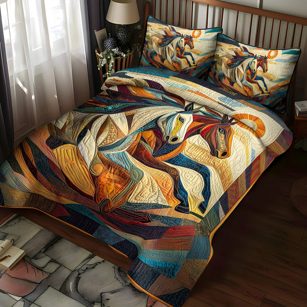 Galloping Dreams quilted 3-piece bedding set on a made bed with two matching pillow shams