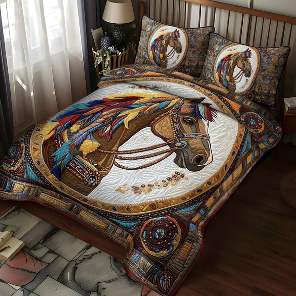 Galloping Grace quilted 3-piece bedding set on a made bed with two matching pillow shams