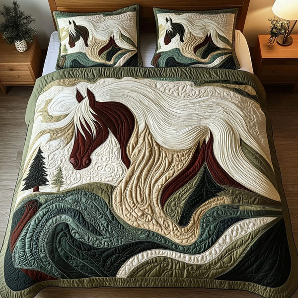 Galloping Grace quilted 3-piece bedding set on a made bed with two matching pillow shams
