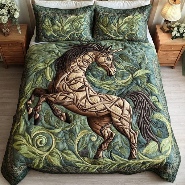 Galloping Grace quilted 3-piece bedding set on a made bed with two matching pillow shams