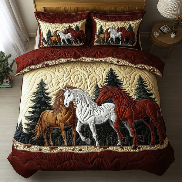 Galloping Grace quilted 3-piece bedding set on a made bed with two matching pillow shams