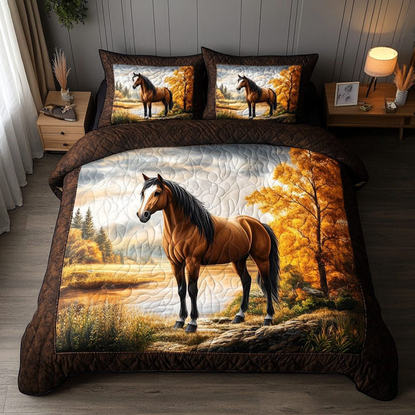 Galloping Grace quilted 3-piece bedding set on a made bed with two matching pillow shams