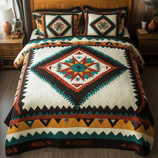 Galloping Grace quilted 3-piece bedding set on a made bed with two matching pillow shams