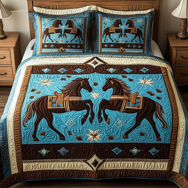 Galloping Grace quilted 3-piece bedding set on a made bed with two matching pillow shams