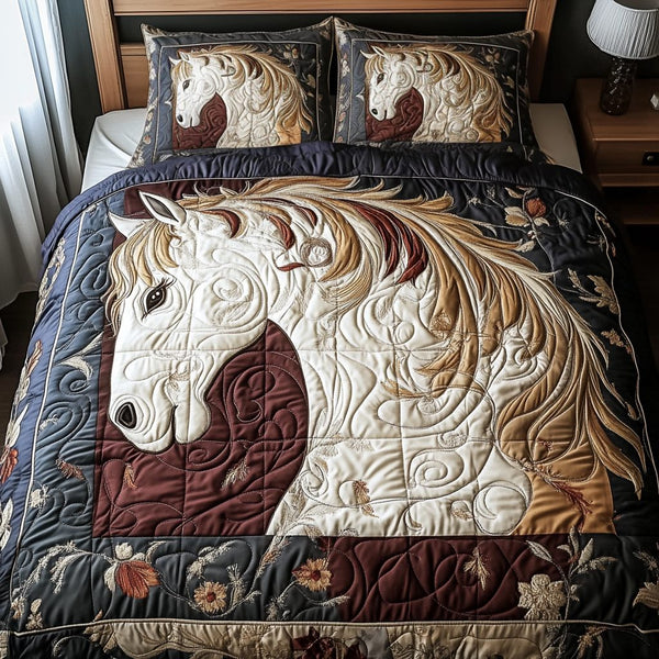 Galloping Grace quilted 3-piece bedding set on a made bed with two matching pillow shams
