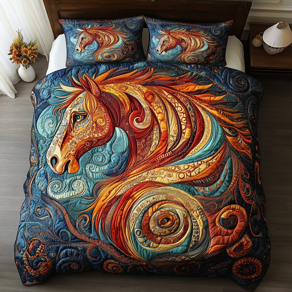 Galloping Heritage quilted 3-piece bedding set on a made bed in a farmhouse bedroom
