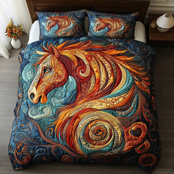 Galloping Heritage quilted 3-piece bedding set on a made bed in a farmhouse bedroom