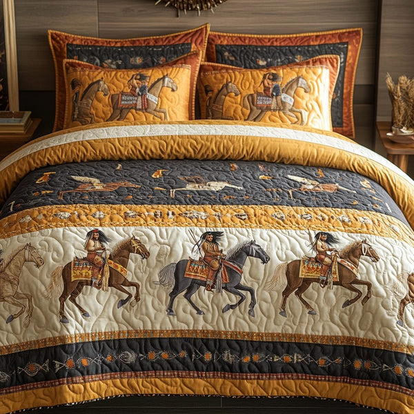 Galloping Heritage quilted 3-piece bedding set on a made bed in a farmhouse bedroom