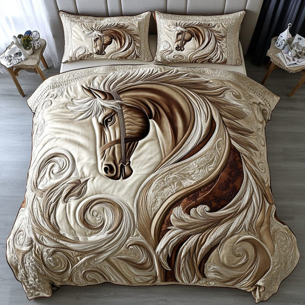 Galloping Horse quilted 3-piece bedding set on a made bed in a rustic timber bedroom