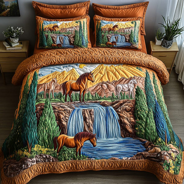Galloping Spirit quilted 3-piece bedding set on a made bed with two matching pillow shams