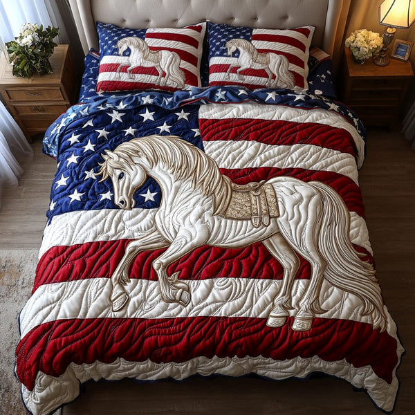 Galloping Stars quilted 3-piece bedding set on a made bed with two matching pillow shams