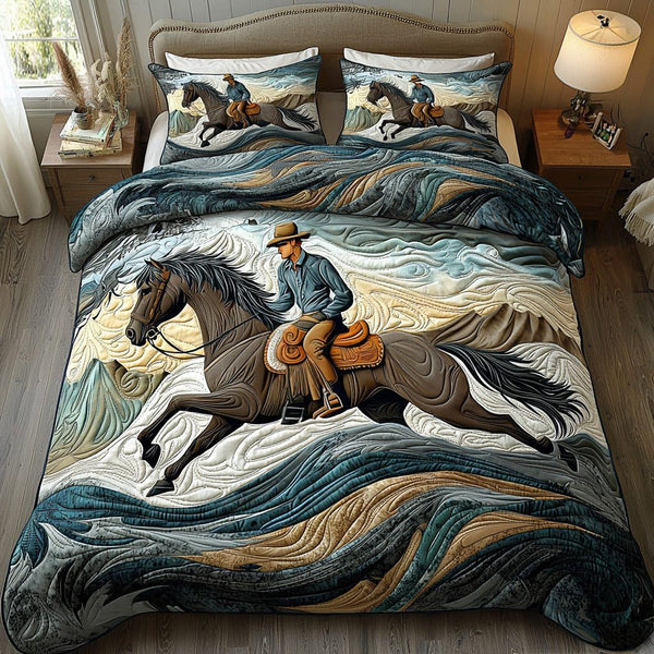 Galloping Trail quilted 3-piece bedding set on a made bed with two matching pillow shams