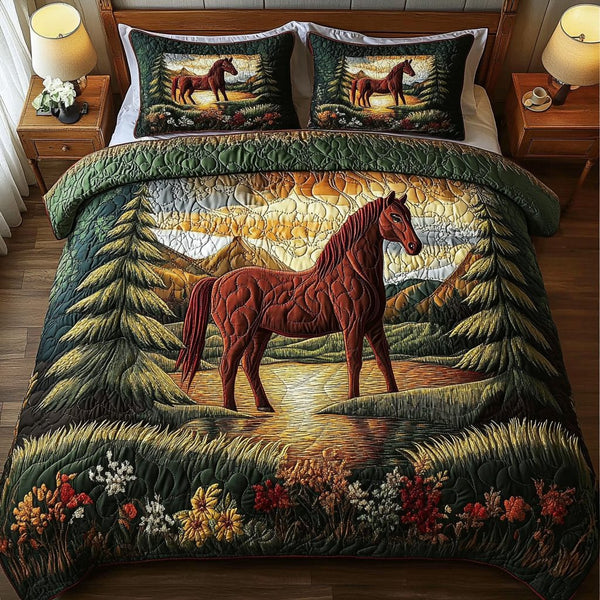Galloping Winds quilted 3-piece bedding set on a made bed with two matching pillow shams