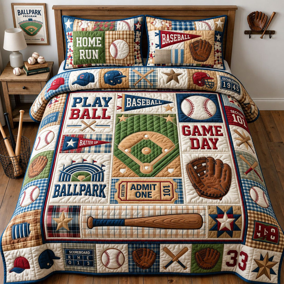 Game Day quilted 3-piece bedding set on a made bed with two matching pillow shams