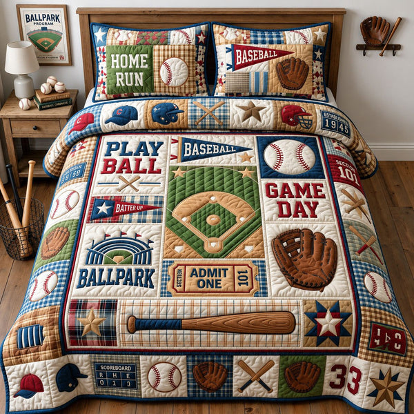 Game Day quilted 3-piece bedding set on a made bed with two matching pillow shams