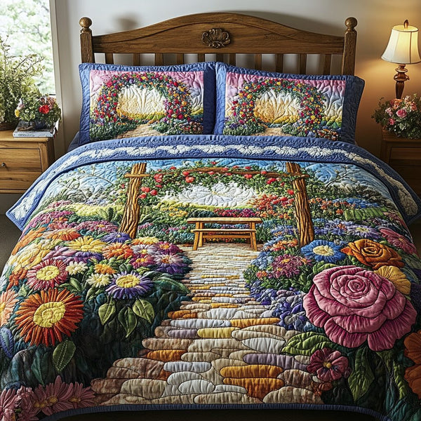 Garden Bench quilted 3-piece bedding set on a made bed with two matching pillow shams